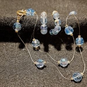 Vintage Hand crafted Light blue AB Crystals w gold floating Necklace & Earrings